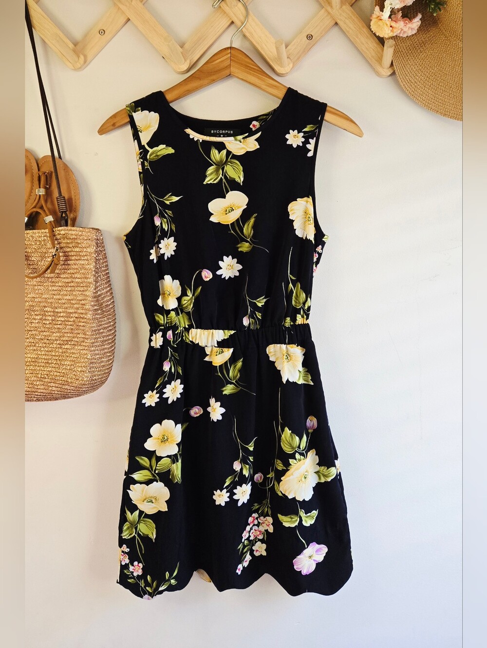 Black Sleeveless Mini Dress with Yellow Floral Print